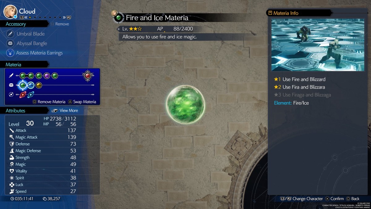 Materia in a menu for Final Fantasy 7 Rebirth